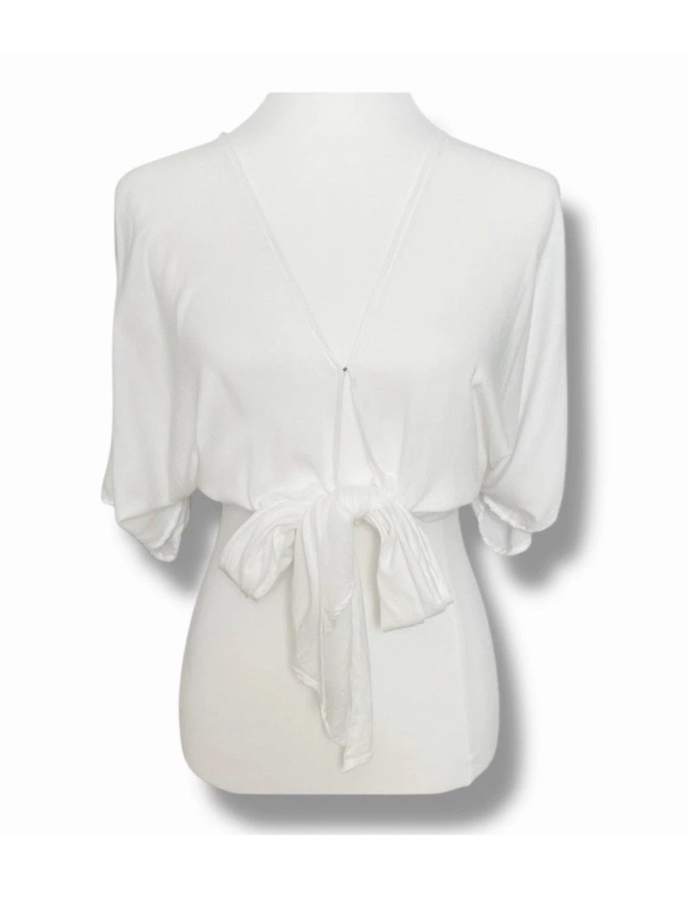 YFB Women's Size M White Tie Waist Cropped Blouse V Neck Dolman Sleeves